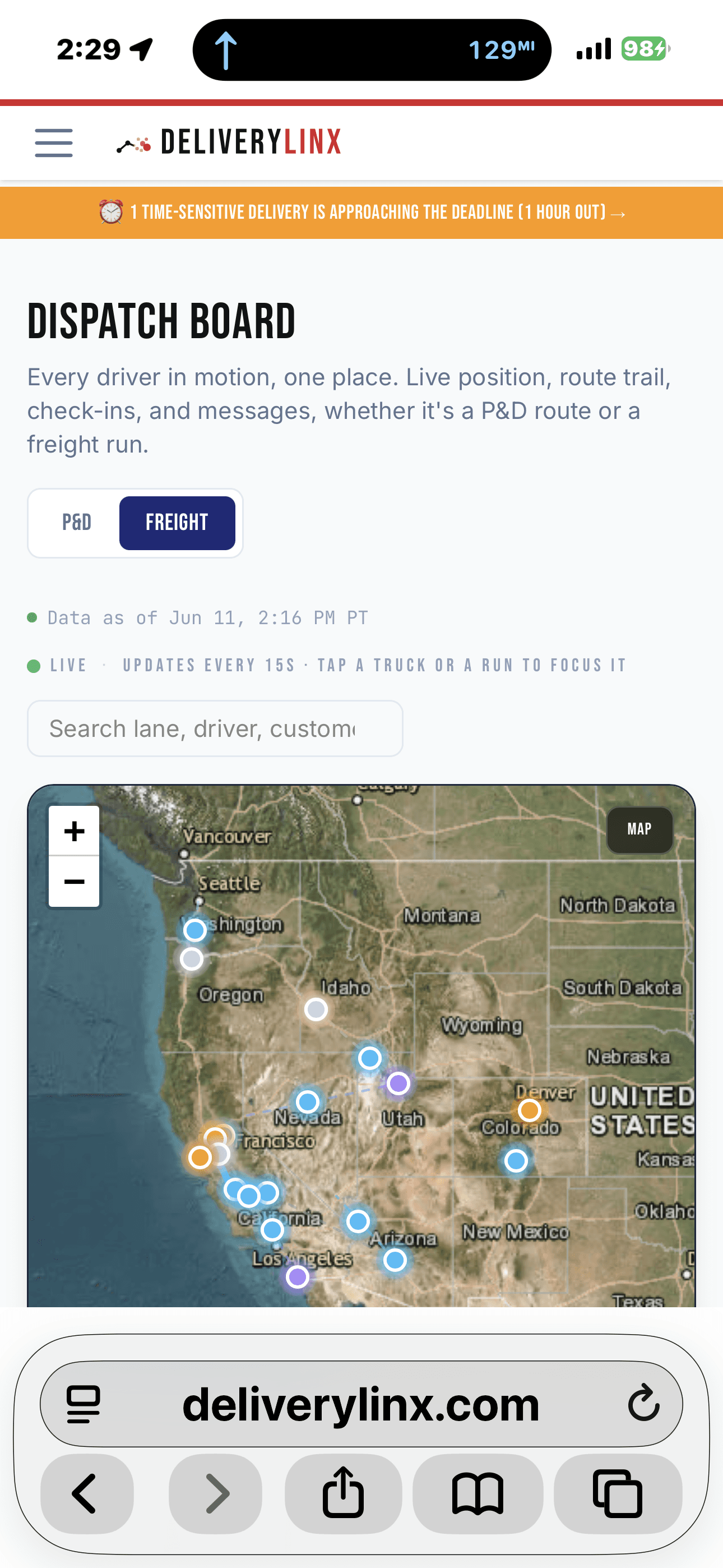 DeliveryLinx dispatch board with every active driver on one live map